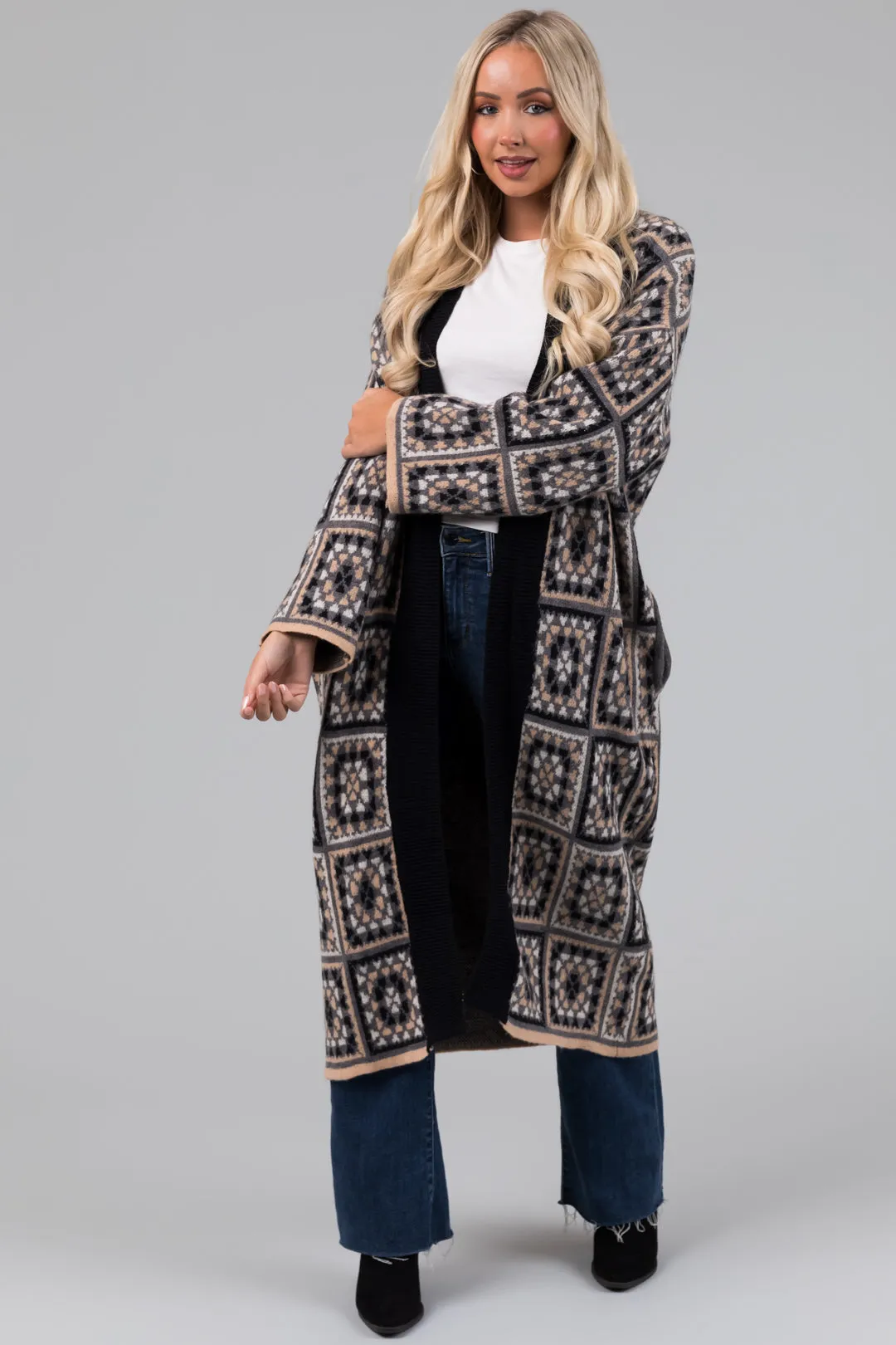 Black Square Pattern Long Open Cardigan sold by Lime Lush product image thumbnail 3