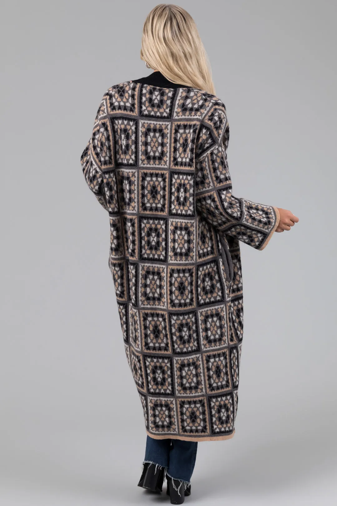 Black Square Pattern Long Open Cardigan sold by Lime Lush product image thumbnail 4