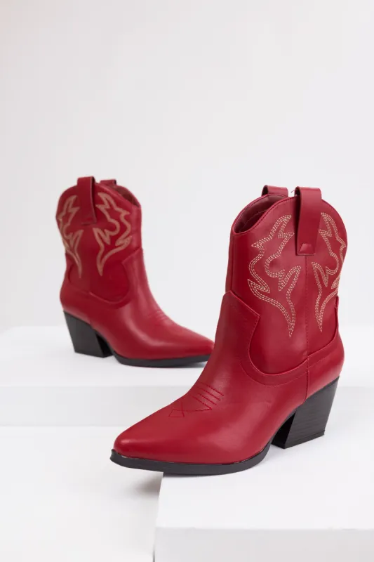 Burgundy Western Stitching Detail Ankle Booties sold by Lime Lush