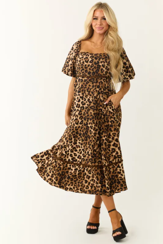 Camel Leopard Print Puff Sleeve Midi Dress sold by Lime Lush