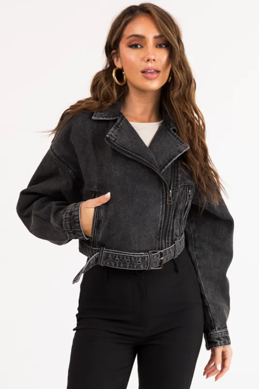 Black Off Center Zip Up Crop Jacket with Belt sold by Lime Lush