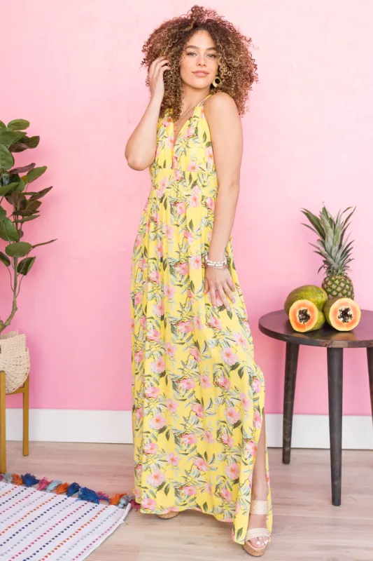 Lemon Floral V Neck Sleeveless Maxi Dress sold by Lime Lush