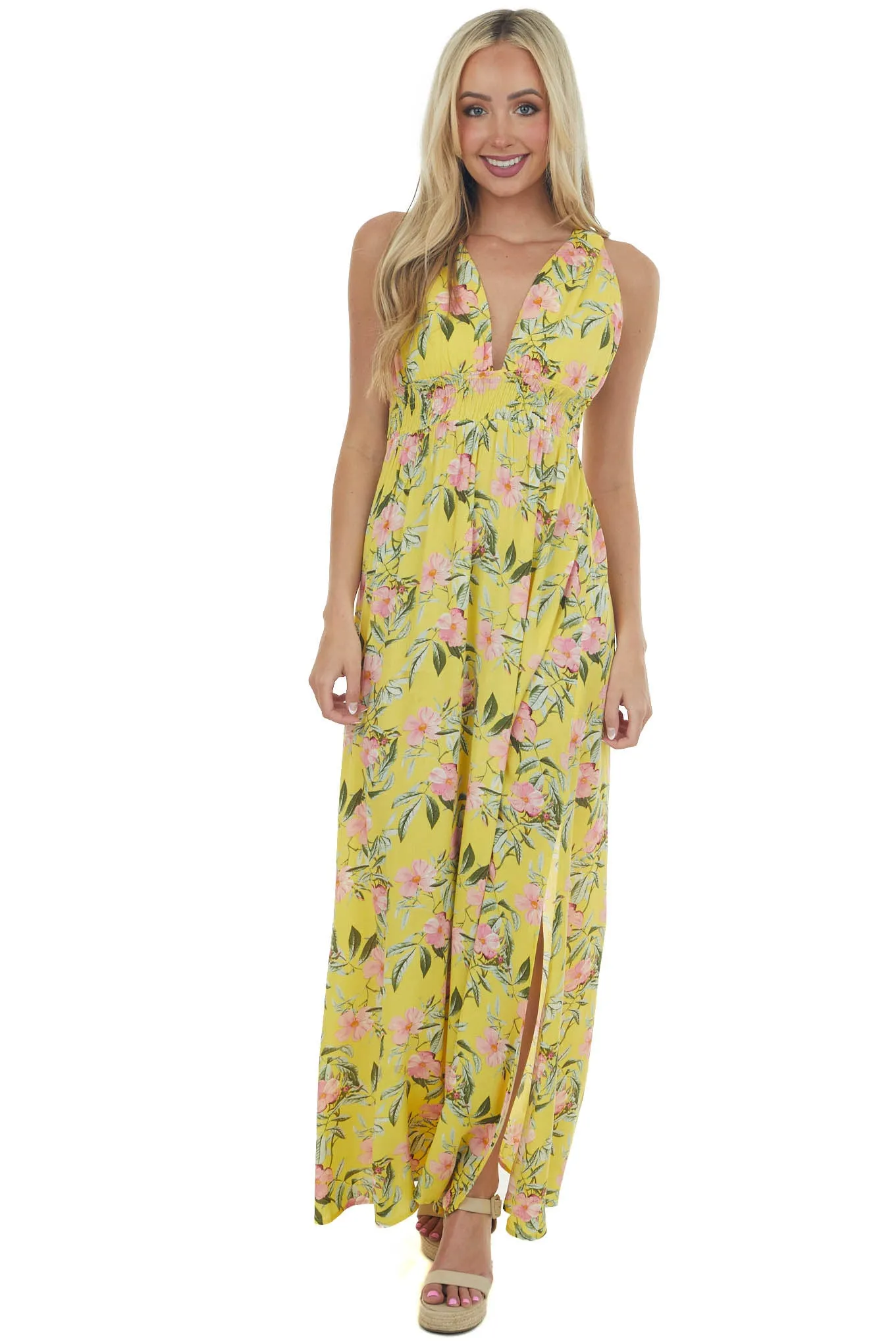 Lemon Floral V Neck Sleeveless Maxi Dress sold by Lime Lush product image thumbnail 5