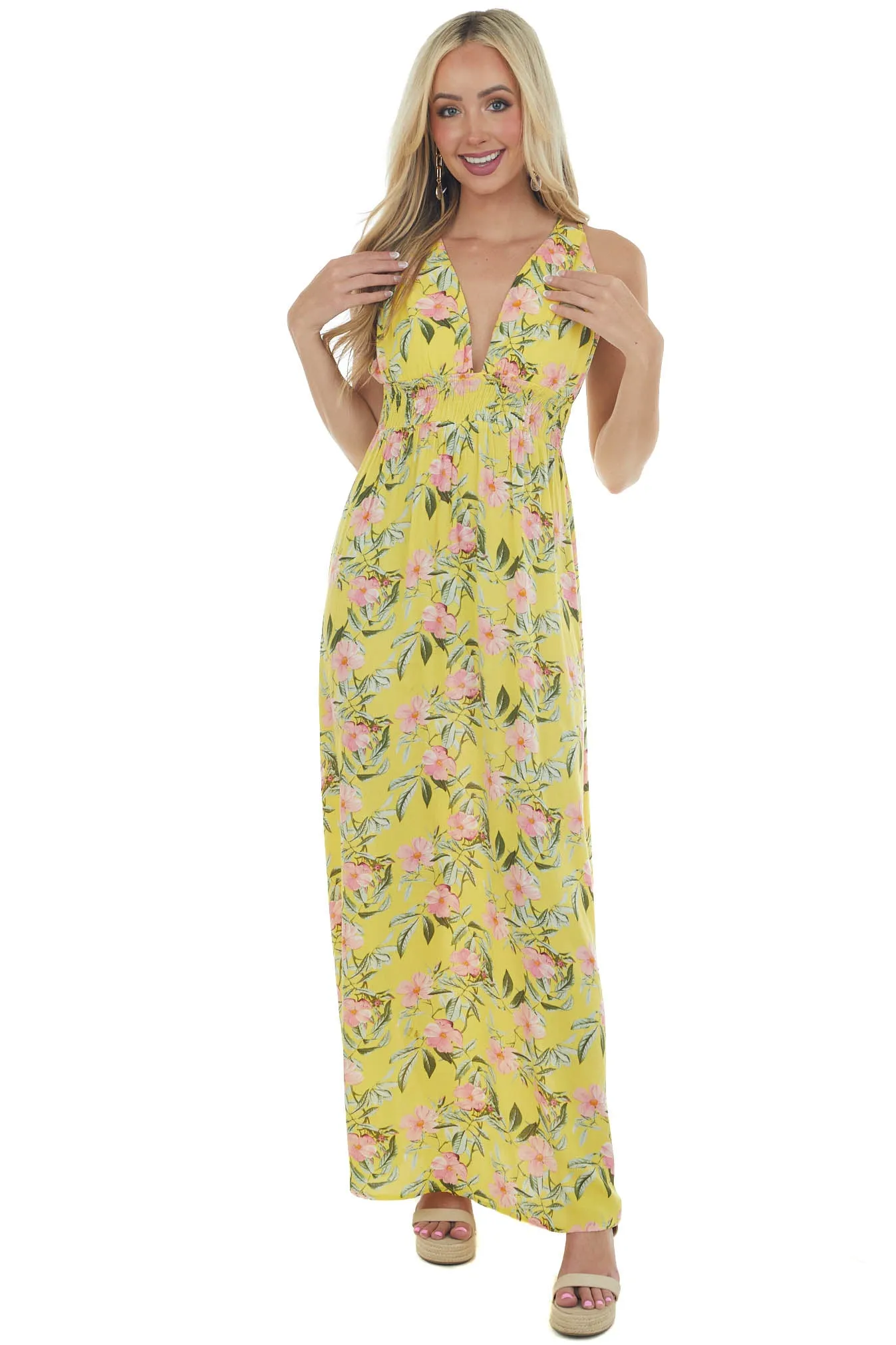 Lemon Floral V Neck Sleeveless Maxi Dress sold by Lime Lush product image thumbnail 4