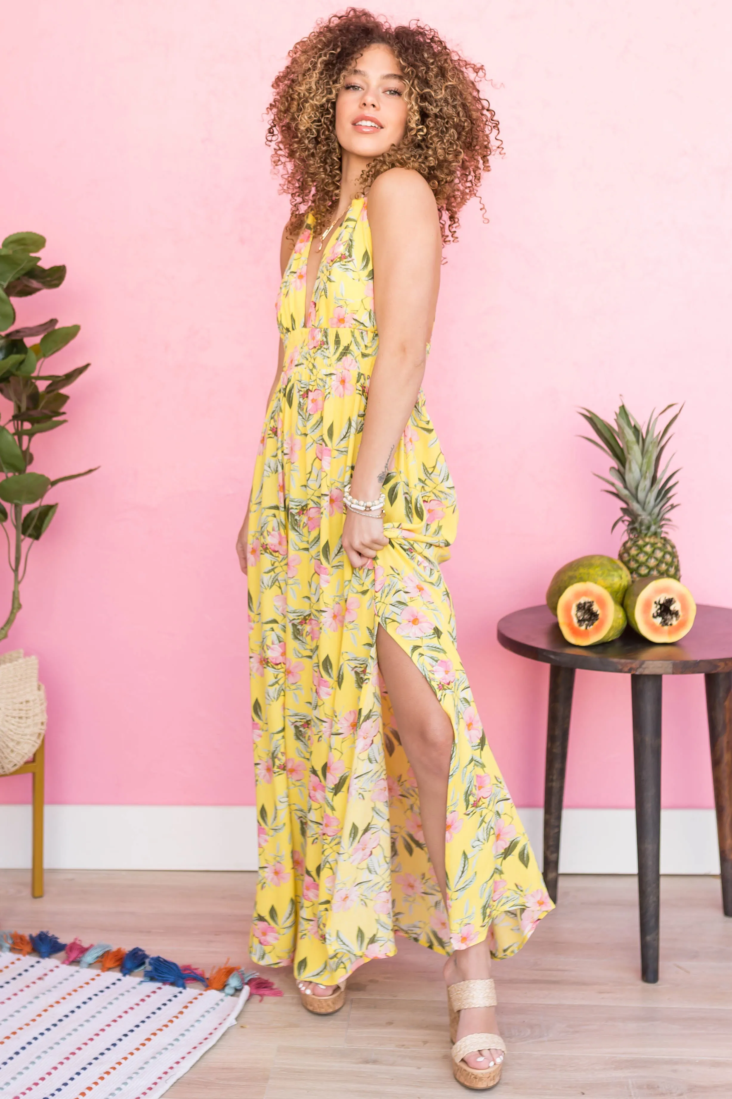 Lemon Floral V Neck Sleeveless Maxi Dress sold by Lime Lush product image thumbnail 2