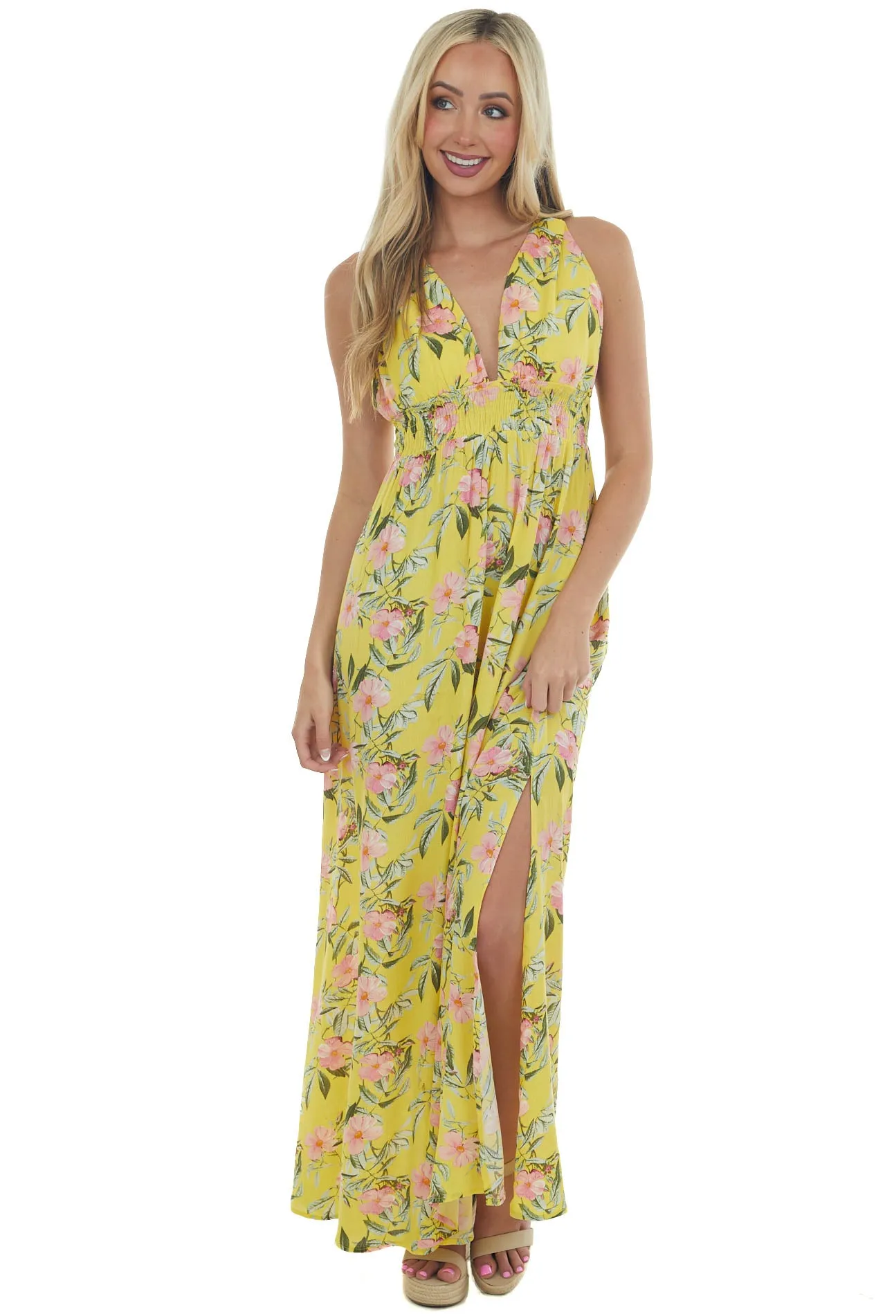 Lemon Floral V Neck Sleeveless Maxi Dress sold by Lime Lush product image thumbnail 3