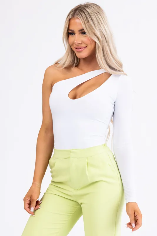 Off White One Shoulder Cut Out Bodysuit sold by Lime Lush