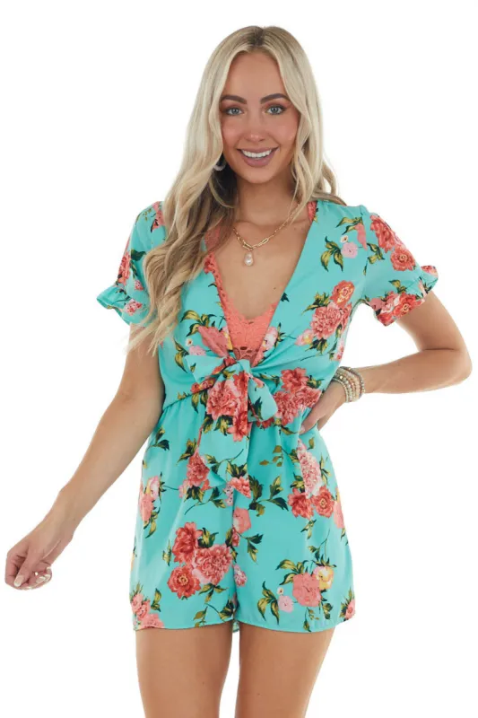 Turquoise and Floral Print Deep V Romper sold by Lime Lush