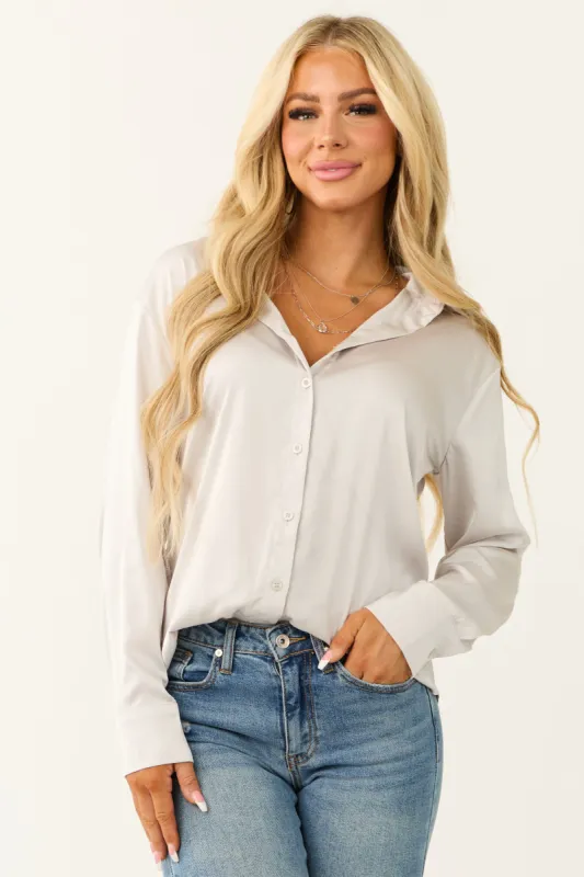 Cloud Grey Satin Button Front Collared Shirt sold by Lime Lush