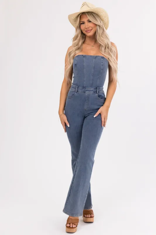 Medium Wash Denim Strapless Belt Loop Jumpsuit sold by Lime Lush