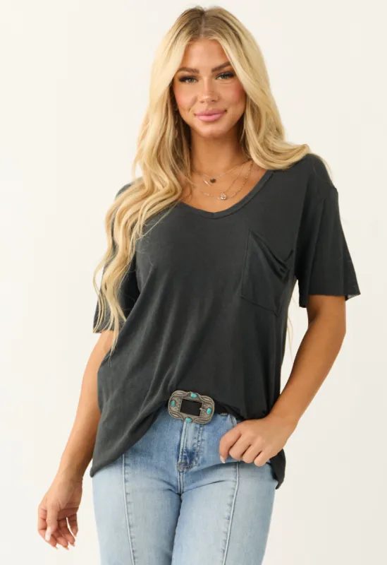 Charcoal V Neck Chest Pocket Short Sleeve Top sold by Lime Lush