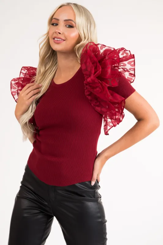 Burgundy Leopard Print Ruffle Sleeve Top sold by Lime Lush