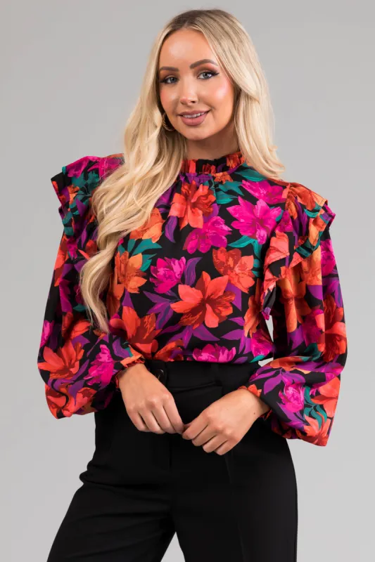 Flying Tomato Black Floral Print Ruffle Top sold by Lime Lush