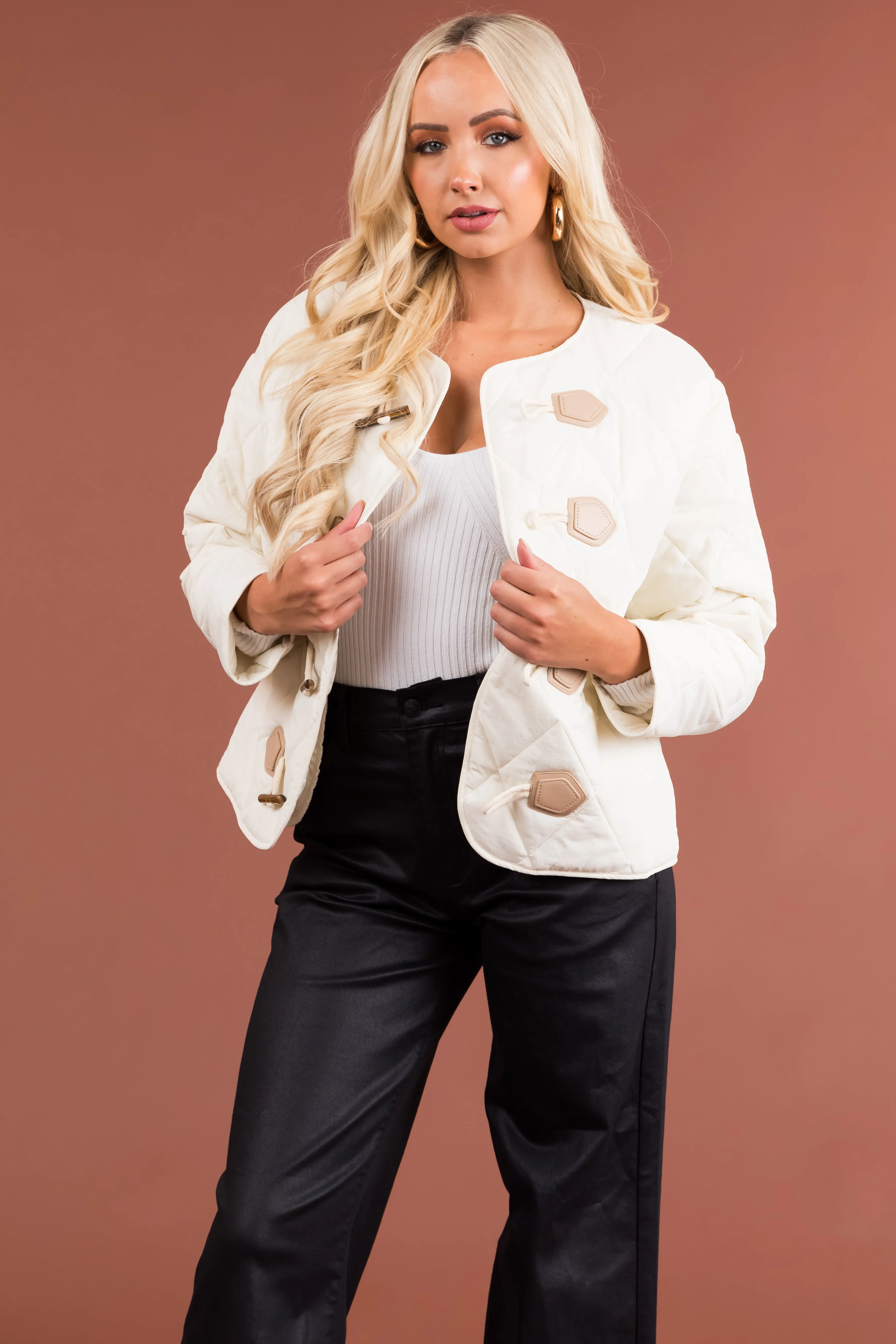 Cream Toggle Button Long Sleeve Quilted Jacket sold by Lime Lush product image thumbnail 2