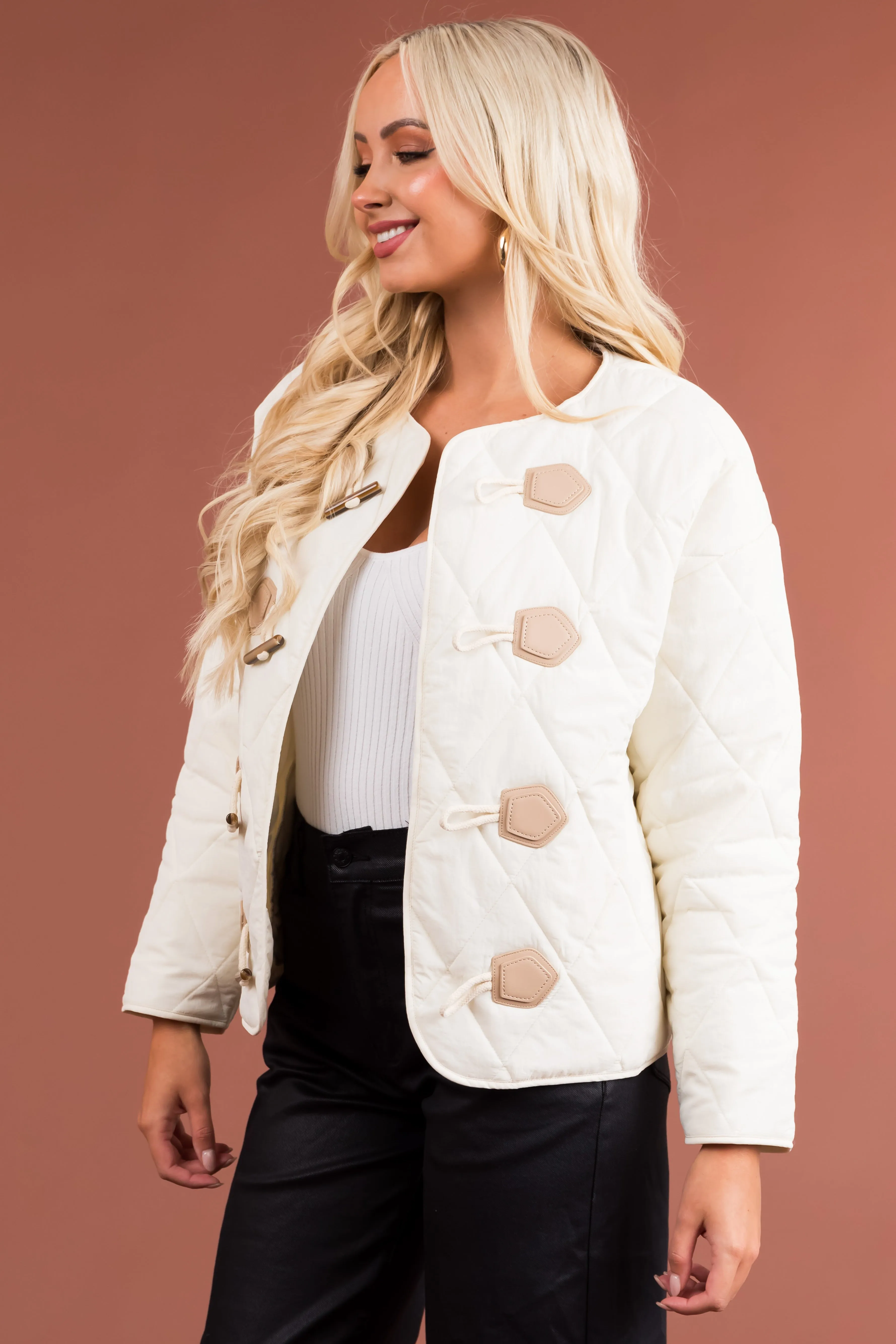 Cream Toggle Button Long Sleeve Quilted Jacket sold by Lime Lush product image thumbnail 4