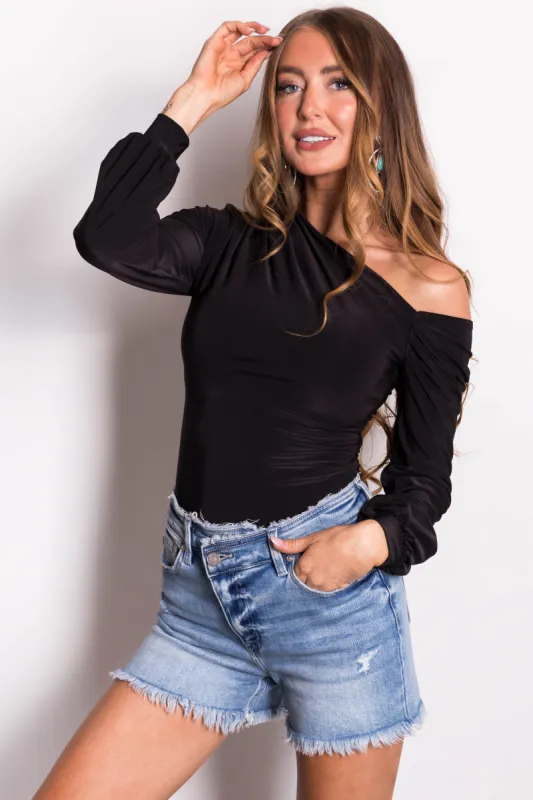 Black Off Shoulder Long Sleeve Bodysuit sold by Lime Lush