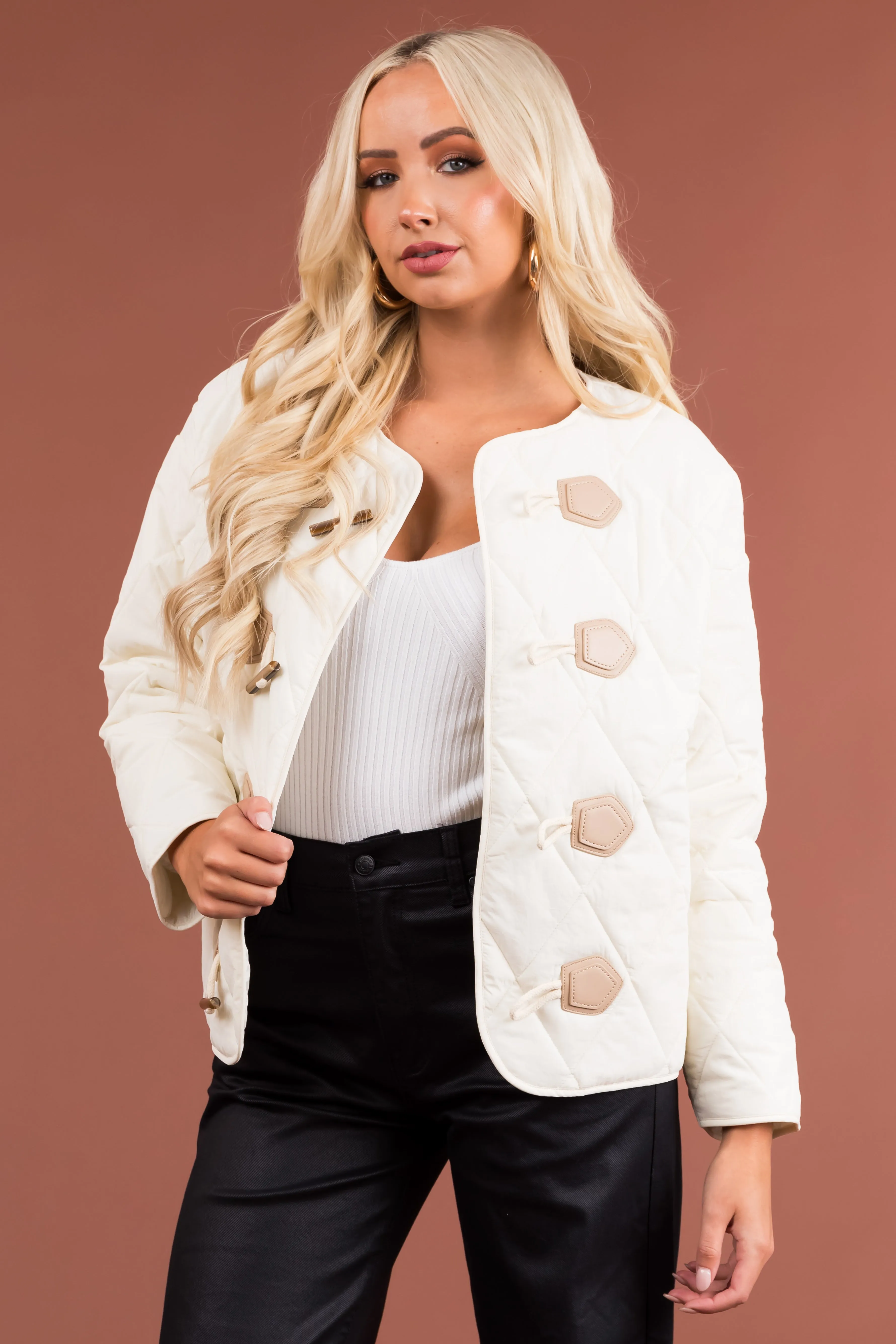 Cream Toggle Button Long Sleeve Quilted Jacket sold by Lime Lush