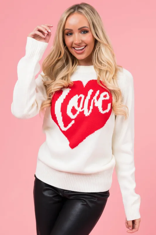 Cream 'Love' Heart Graphic Long Sleeve Sweater sold by Lime Lush