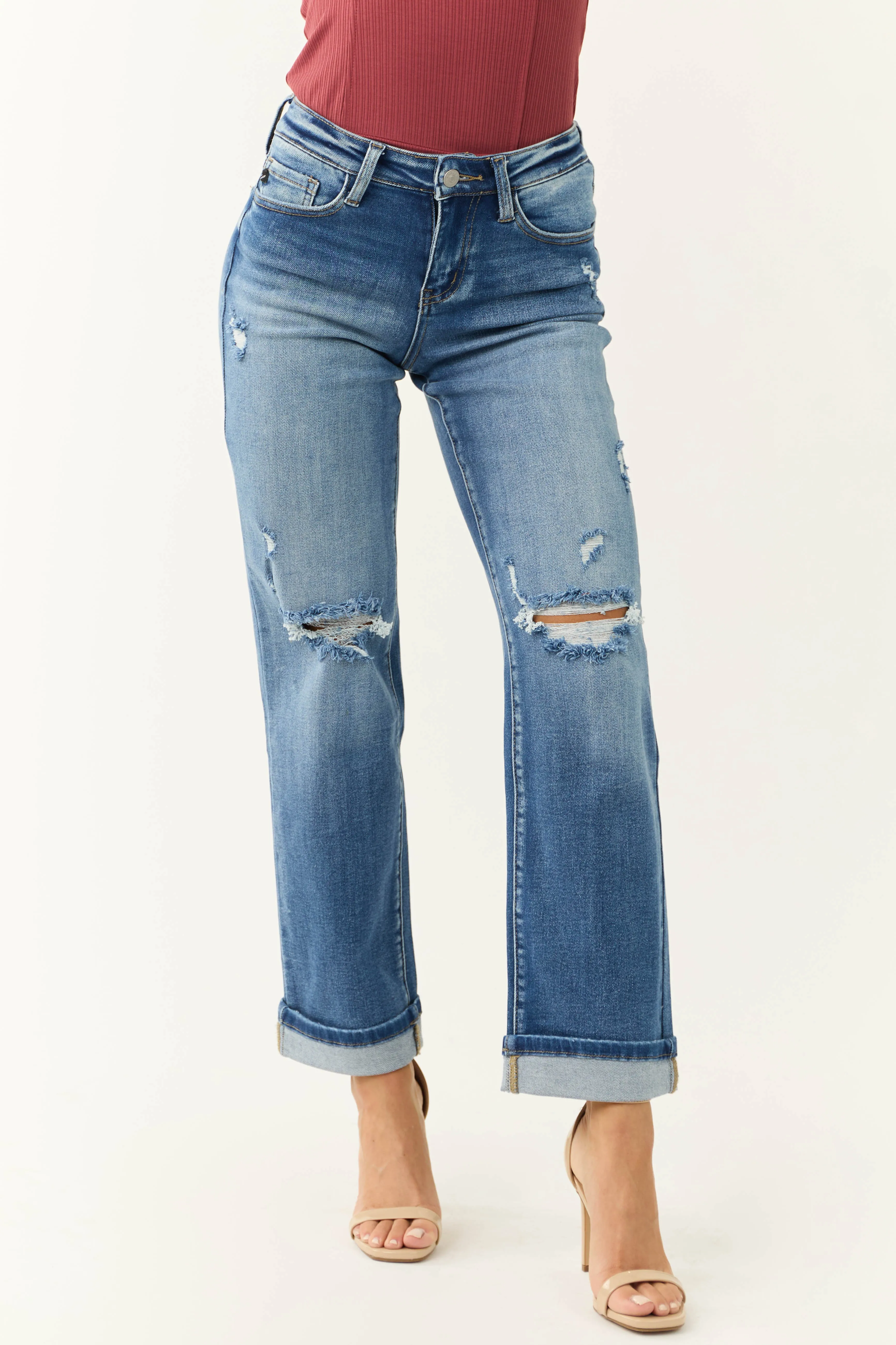 KanCan Medium Wash Mid Rise Cuffed Straight Jeans sold by Lime Lush product image thumbnail 2