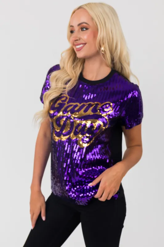 Indigo 'Game Day' Sequin Short Sleeve Top made by Lime Lush