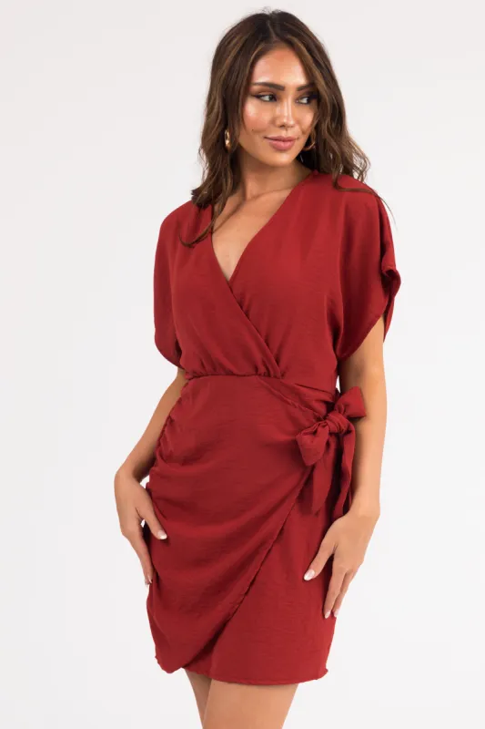 Marsala Short Wrap Dress with Ruching sold by Lime Lush
