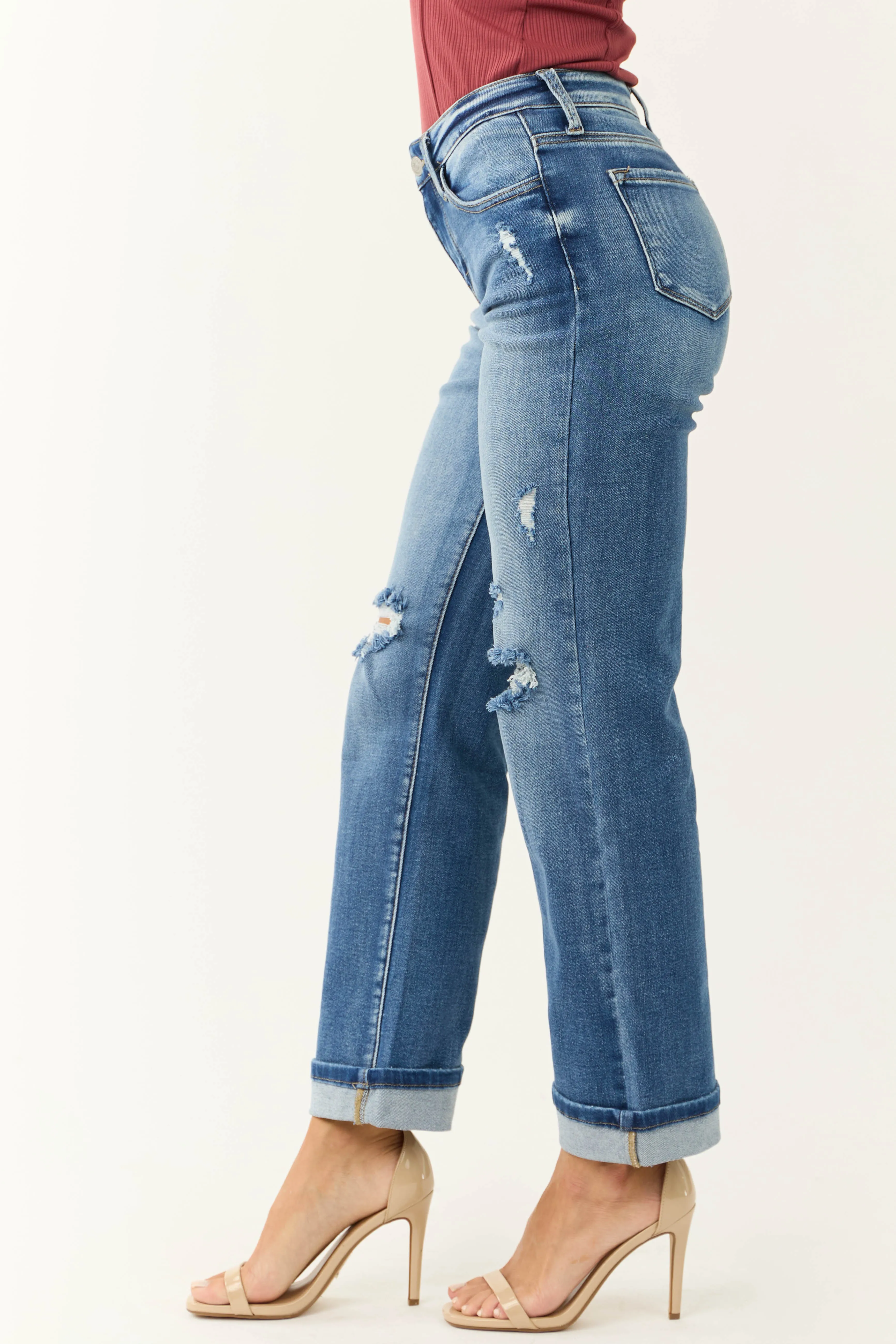 KanCan Medium Wash Mid Rise Cuffed Straight Jeans sold by Lime Lush product image thumbnail 4
