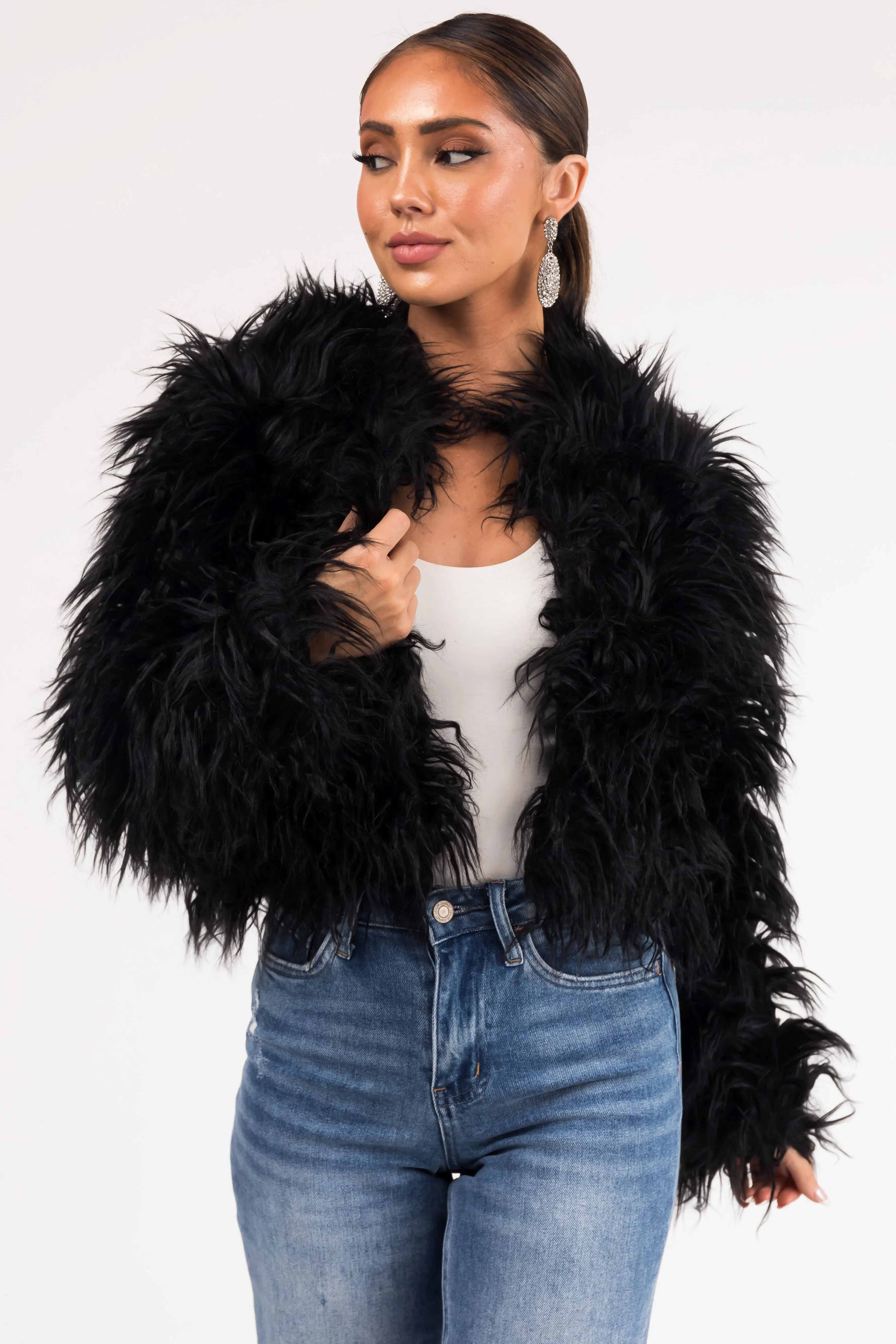 Black Faux Fur Hook Closure Long Sleeve Jacket sold by Lime Lush
