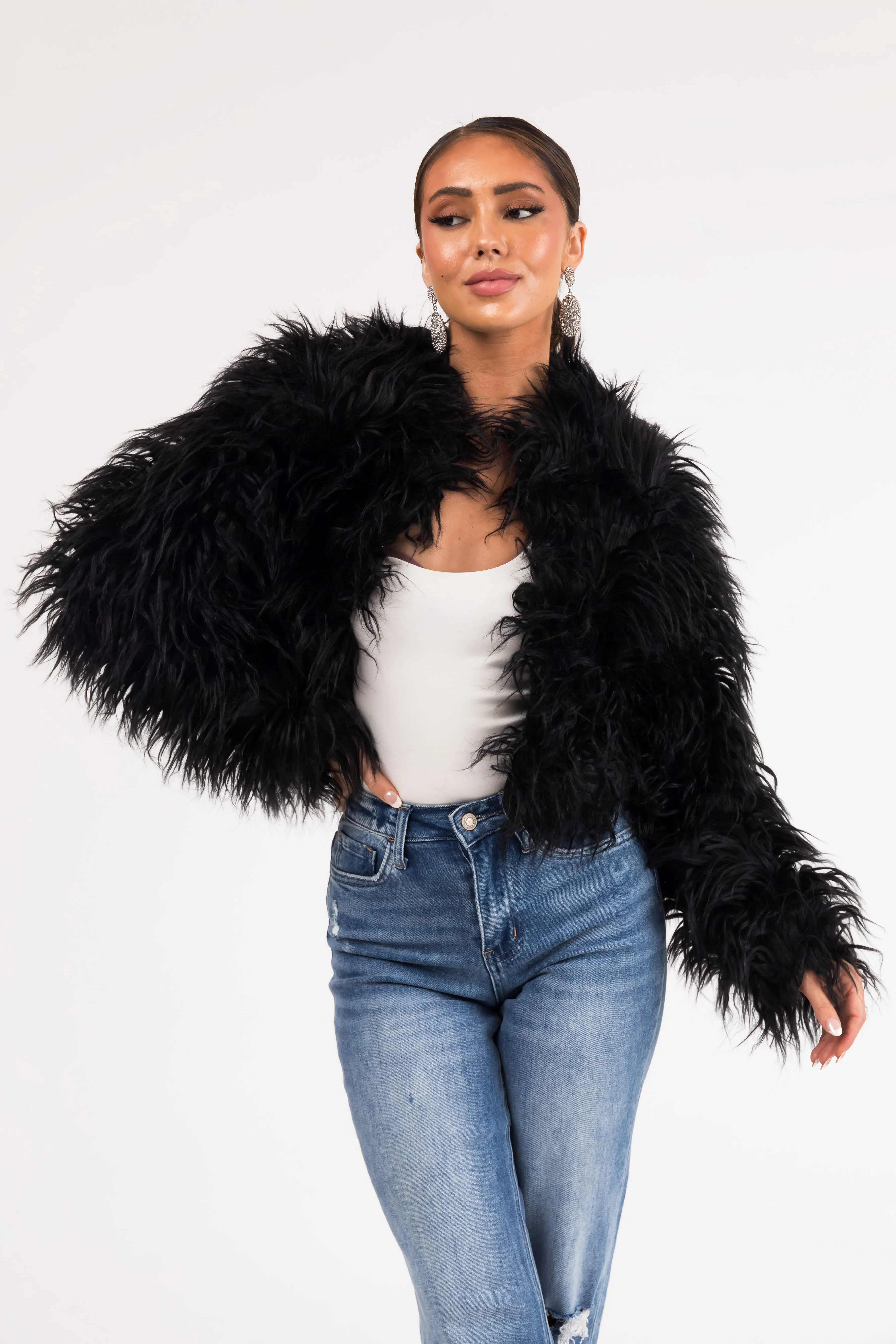 Black Faux Fur Hook Closure Long Sleeve Jacket sold by Lime Lush product image thumbnail 2