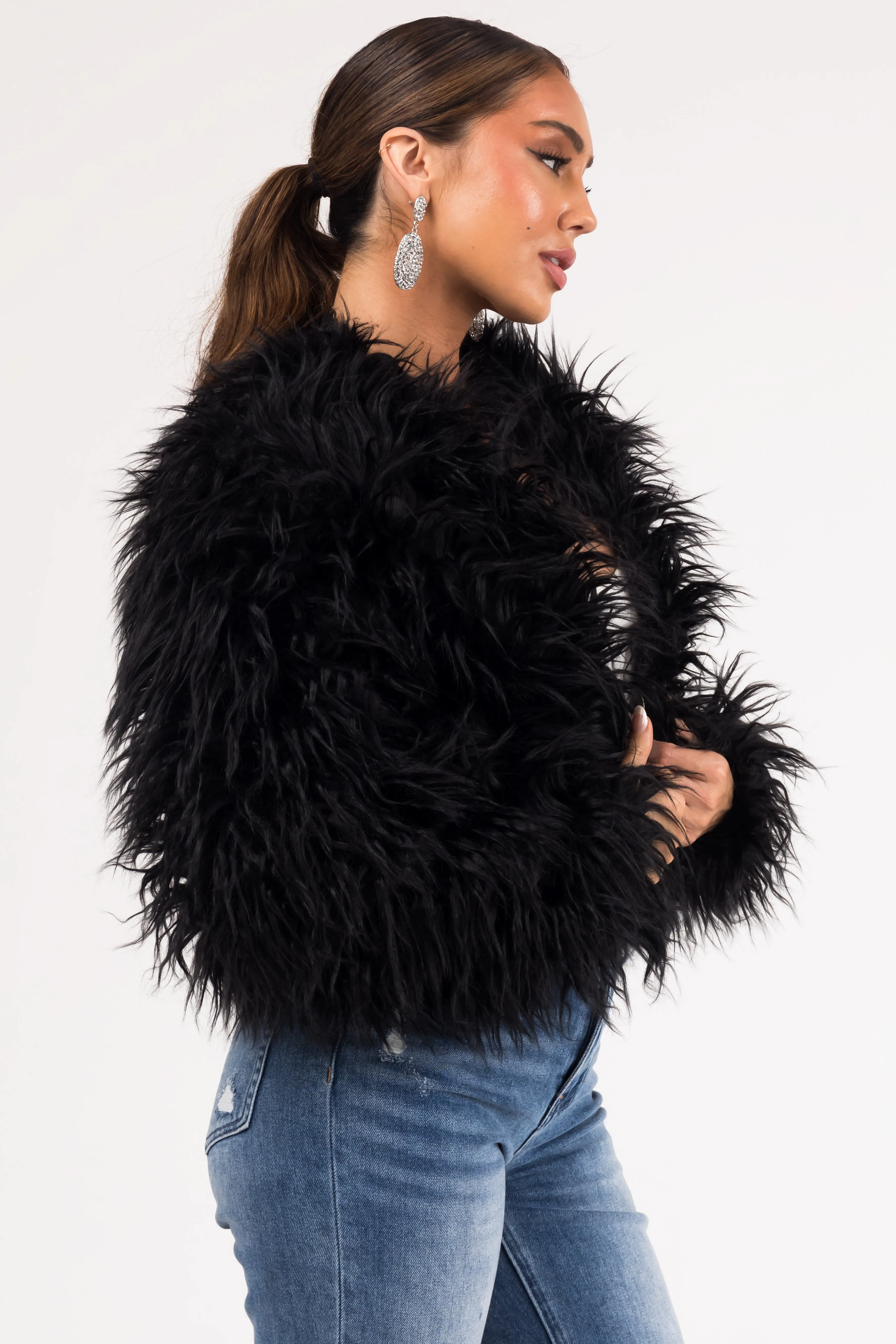Black Faux Fur Hook Closure Long Sleeve Jacket sold by Lime Lush product image thumbnail 5