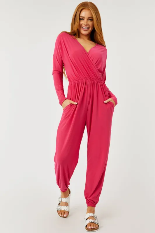 Hot Pink Surplice Long Sleeve Jogger Jumpsuit sold by Lime Lush