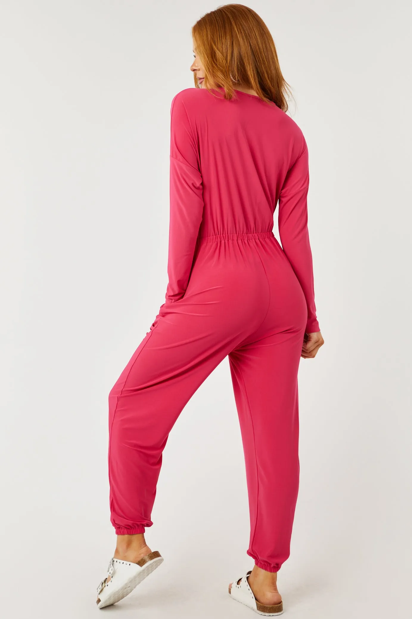 Hot Pink Surplice Long Sleeve Jogger Jumpsuit sold by Lime Lush product image thumbnail 4