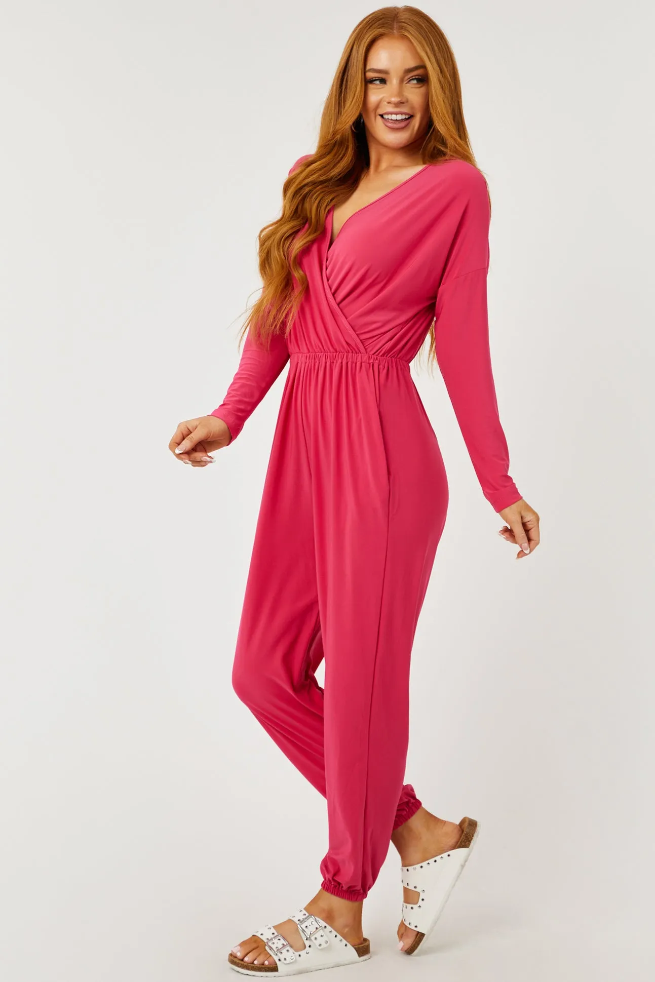Hot Pink Surplice Long Sleeve Jogger Jumpsuit sold by Lime Lush product image thumbnail 3