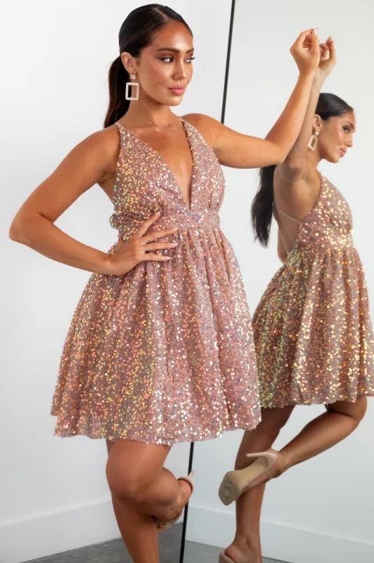 Dusty Rose Sequin Deep V Neck Mini Dress sold by Lime Lush