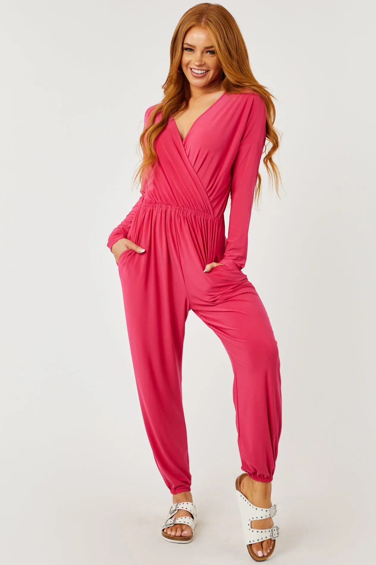 Hot Pink Surplice Long Sleeve Jogger Jumpsuit sold by Lime Lush product image thumbnail 2