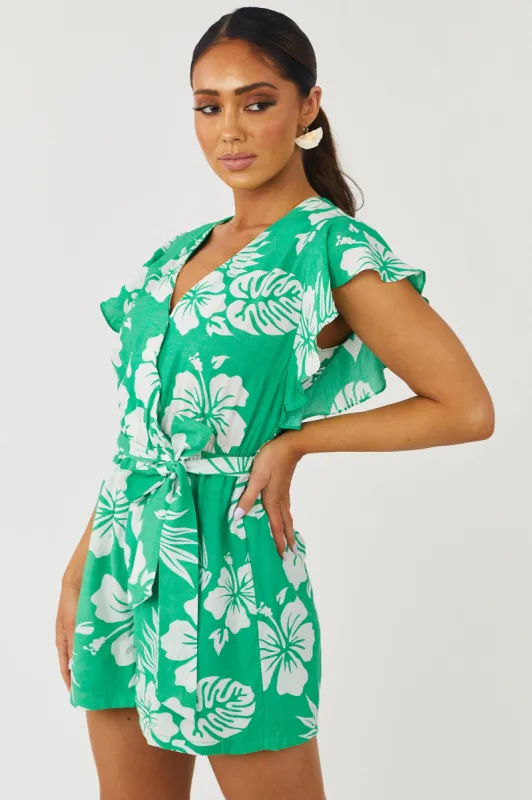Kelly Green Tropical Print Romper with Waist Tie sold by Lime Lush