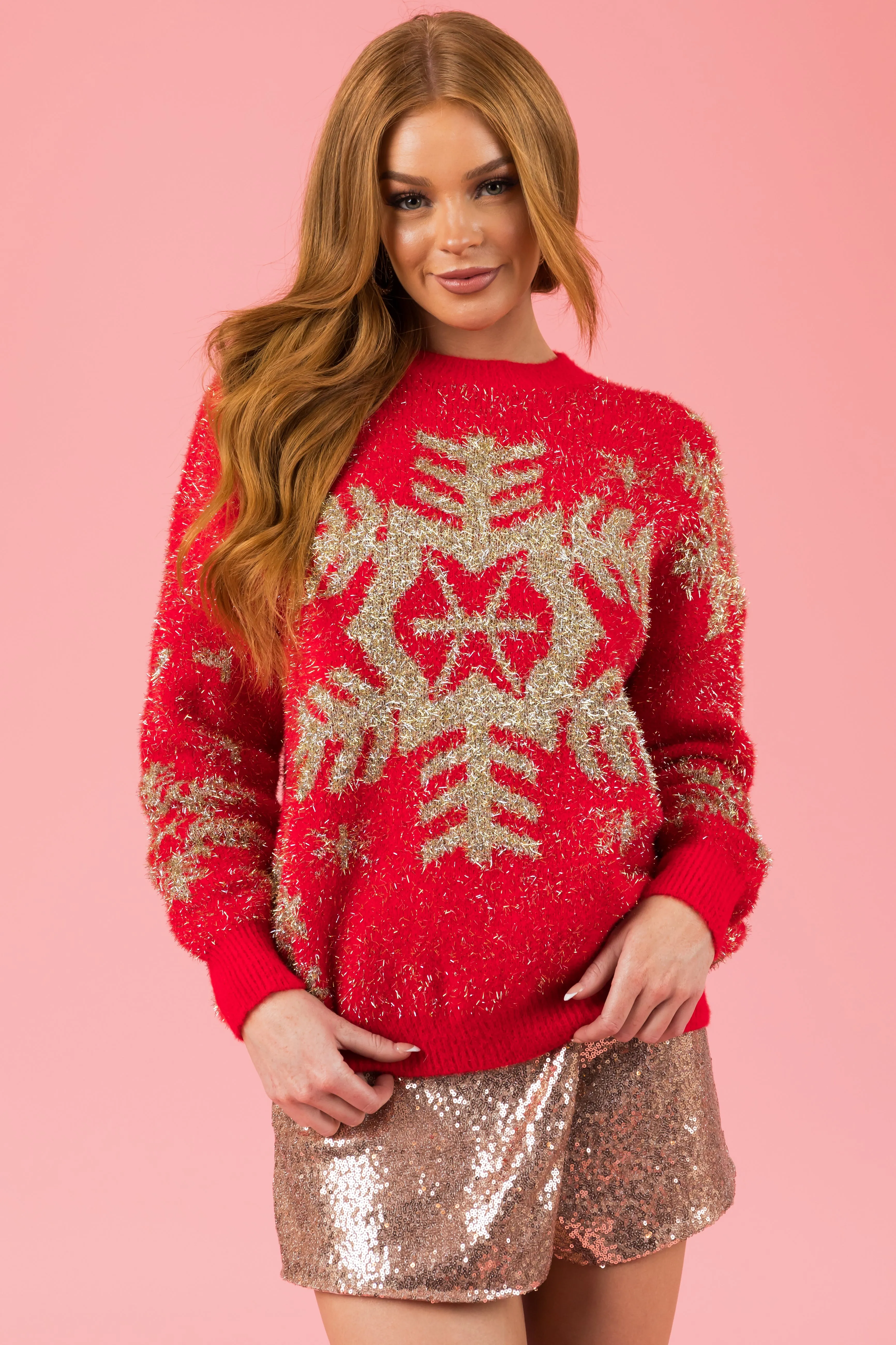 Lipstick Metallic Gold Snowflake Graphic Sweater sold by Lime Lush product image thumbnail 2