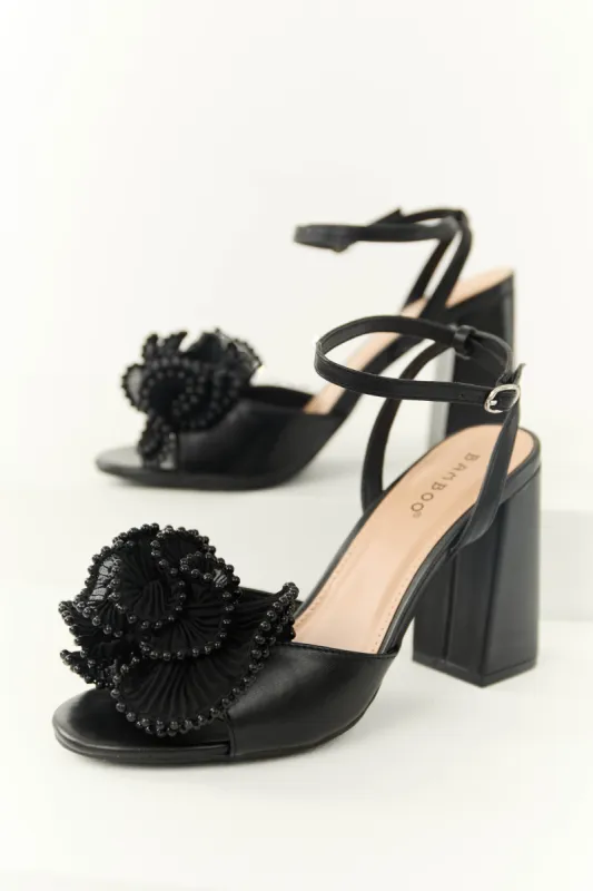 Black Beaded Ruffle Open Toe Block Heels sold by Lime Lush