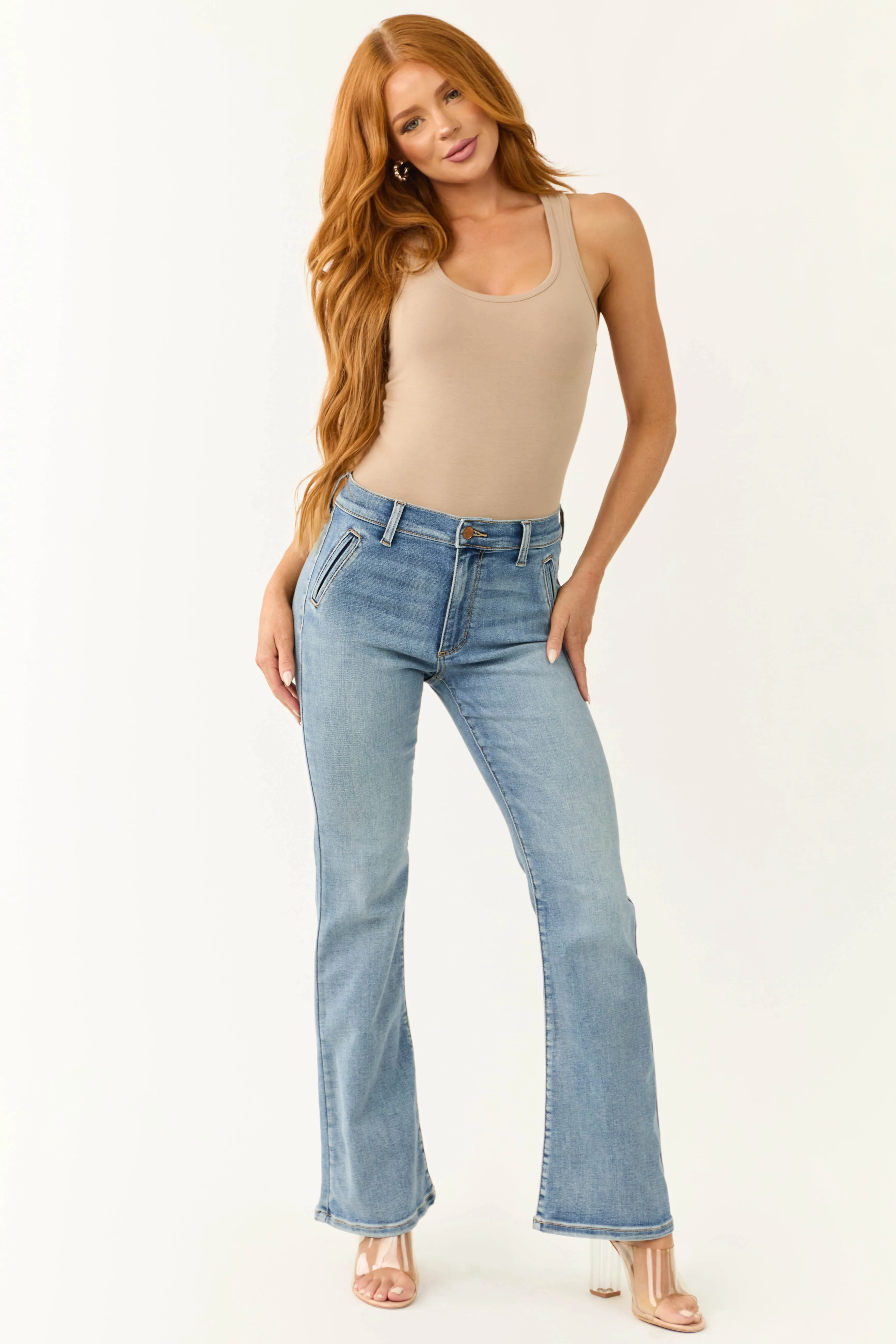 Sneak Peek Medium Light Wash Stretchy Slim Bootcut Jeans sold by Lime Lush product image thumbnail 2