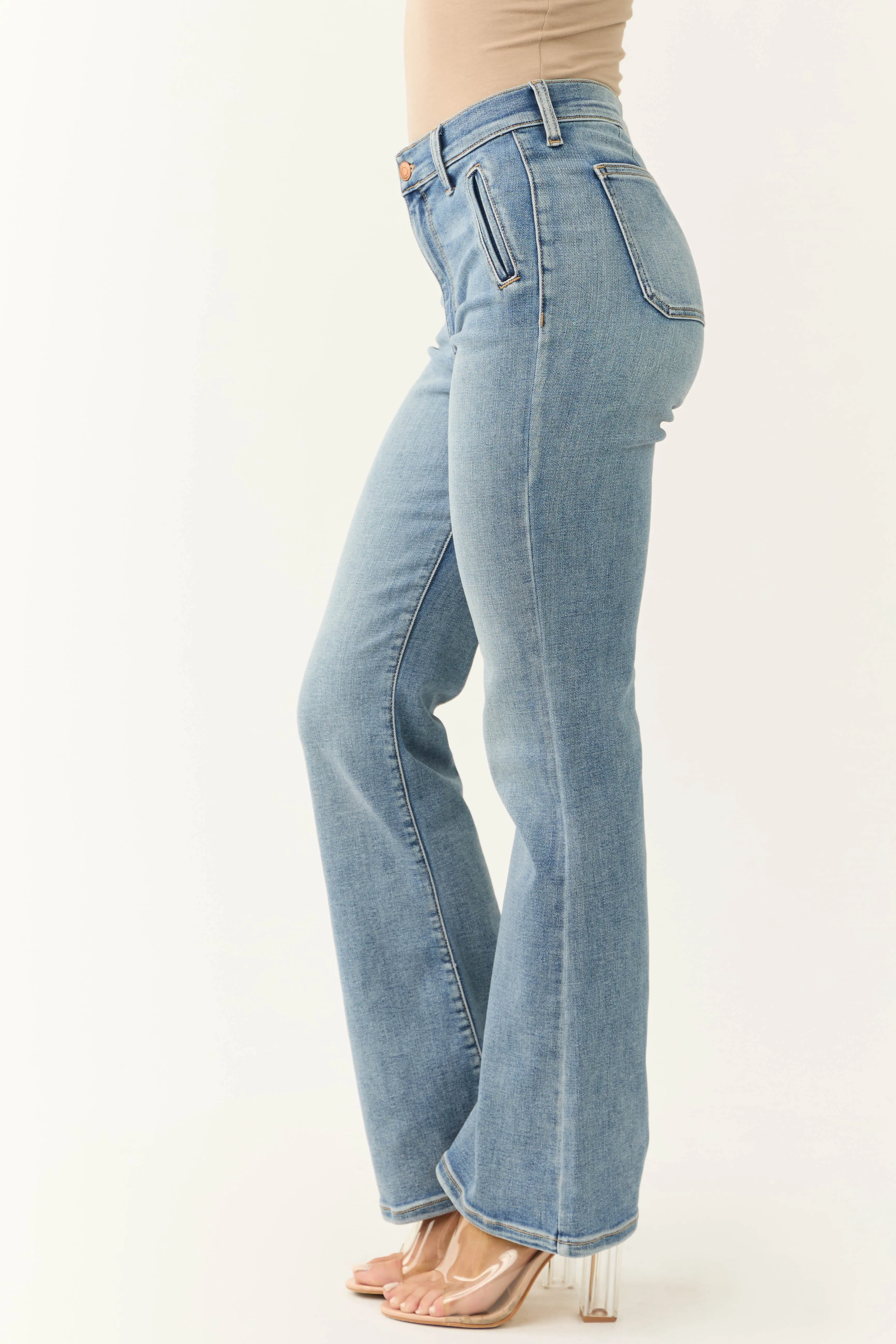 Sneak Peek Medium Light Wash Stretchy Slim Bootcut Jeans sold by Lime Lush product image thumbnail 3