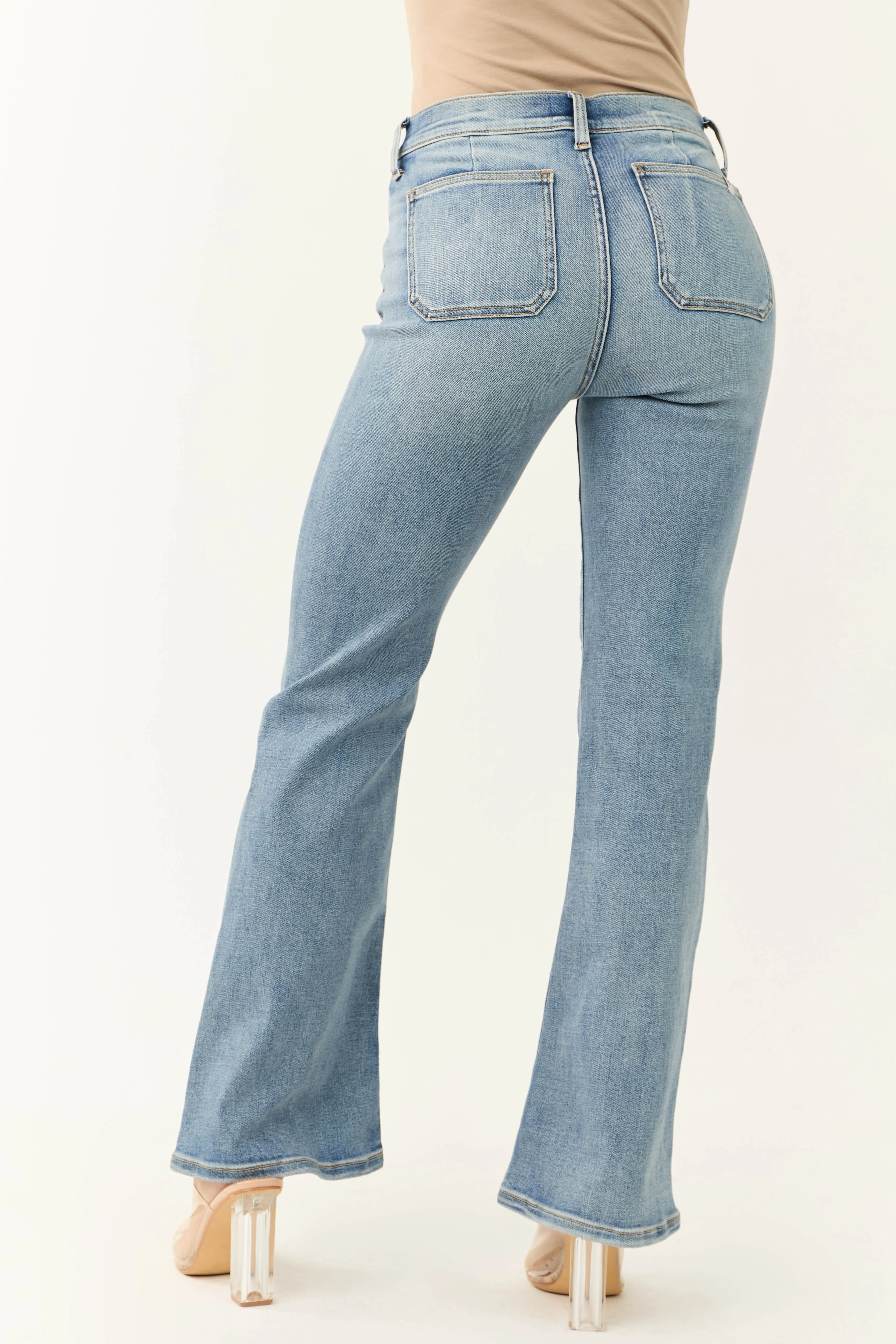 Sneak Peek Medium Light Wash Stretchy Slim Bootcut Jeans sold by Lime Lush product image thumbnail 4
