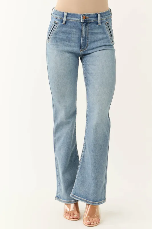 Sneak Peek Medium Light Wash Stretchy Slim Bootcut Jeans sold by Lime Lush