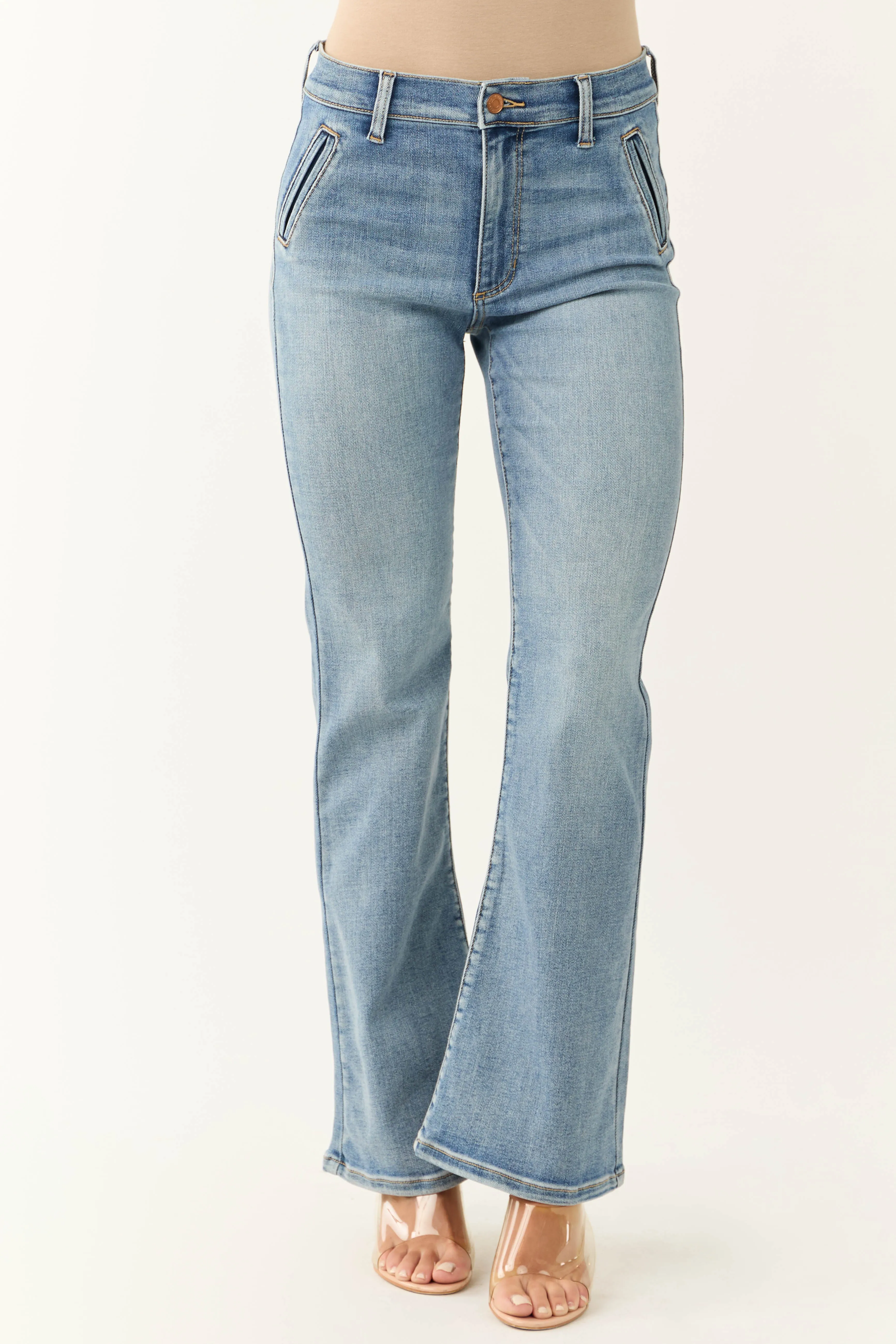 Sneak Peek Medium Light Wash Stretchy Slim Bootcut Jeans sold by Lime Lush