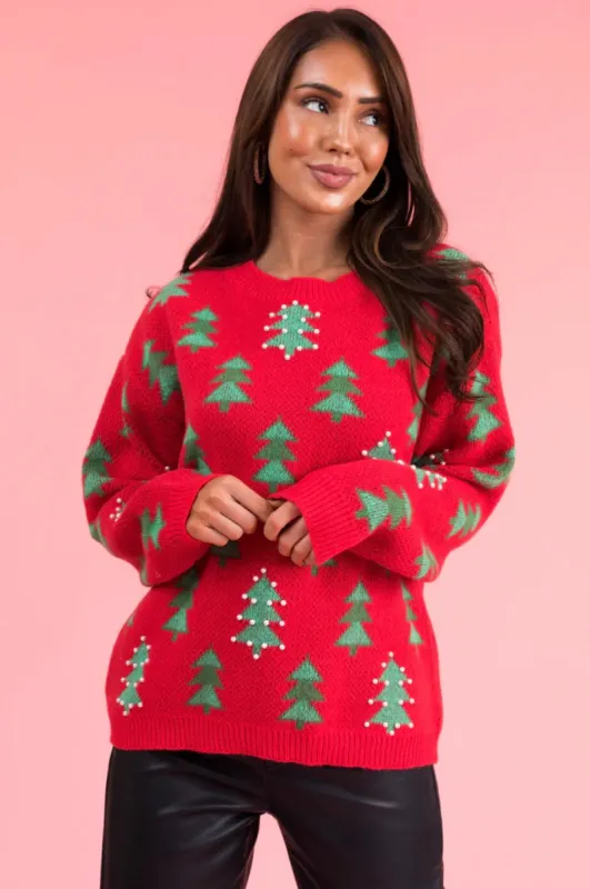 Lipstick Christmas Tree Pearl Graphic Sweater sold by Lime Lush