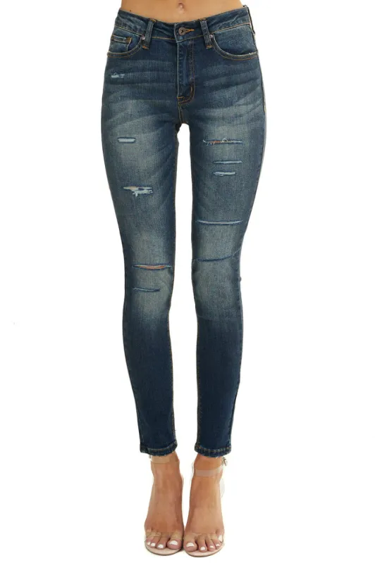 Special A Dark Wash Mid Rise Skinny Jeans with Distressing sold by Lime Lush