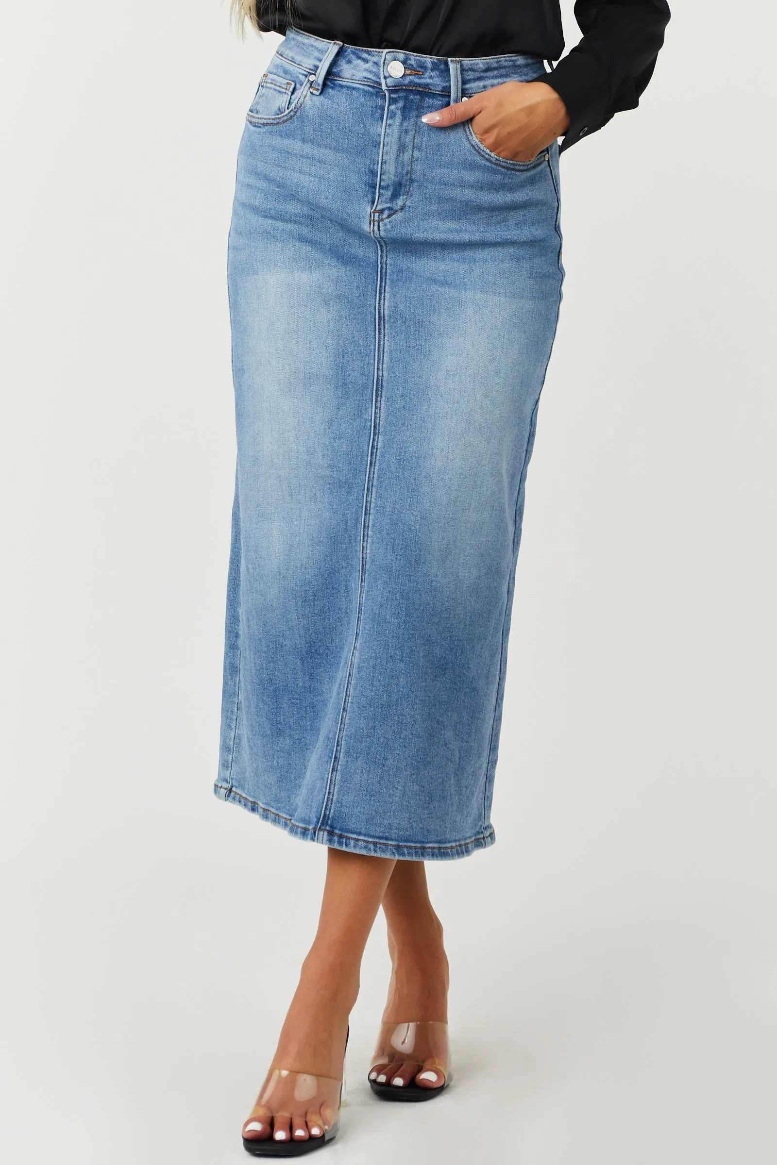 Risen Medium Wash Denim High Rise Back Slit Skirt sold by Lime Lush product image thumbnail 2