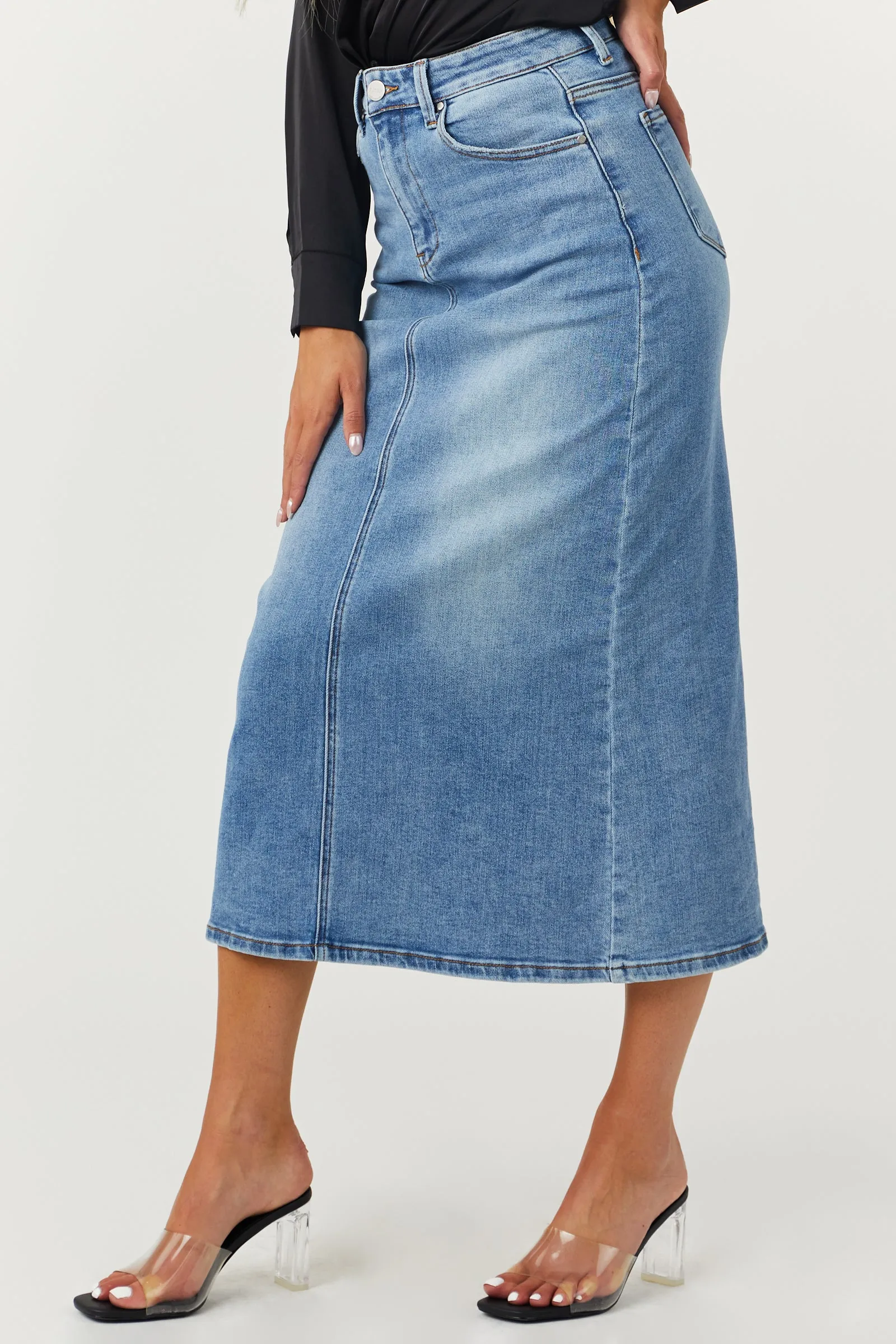 Risen Medium Wash Denim High Rise Back Slit Skirt sold by Lime Lush product image thumbnail 3