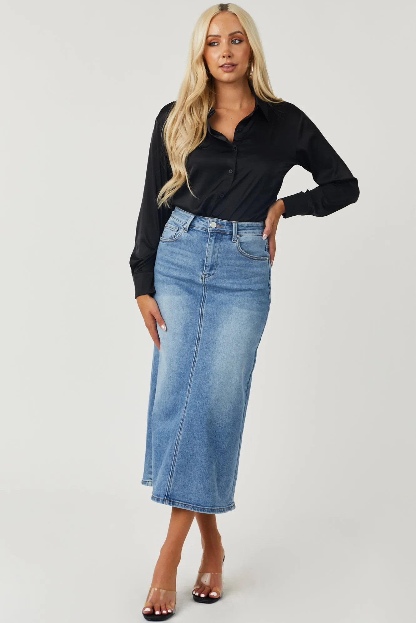 Risen Medium Wash Denim High Rise Back Slit Skirt sold by Lime Lush