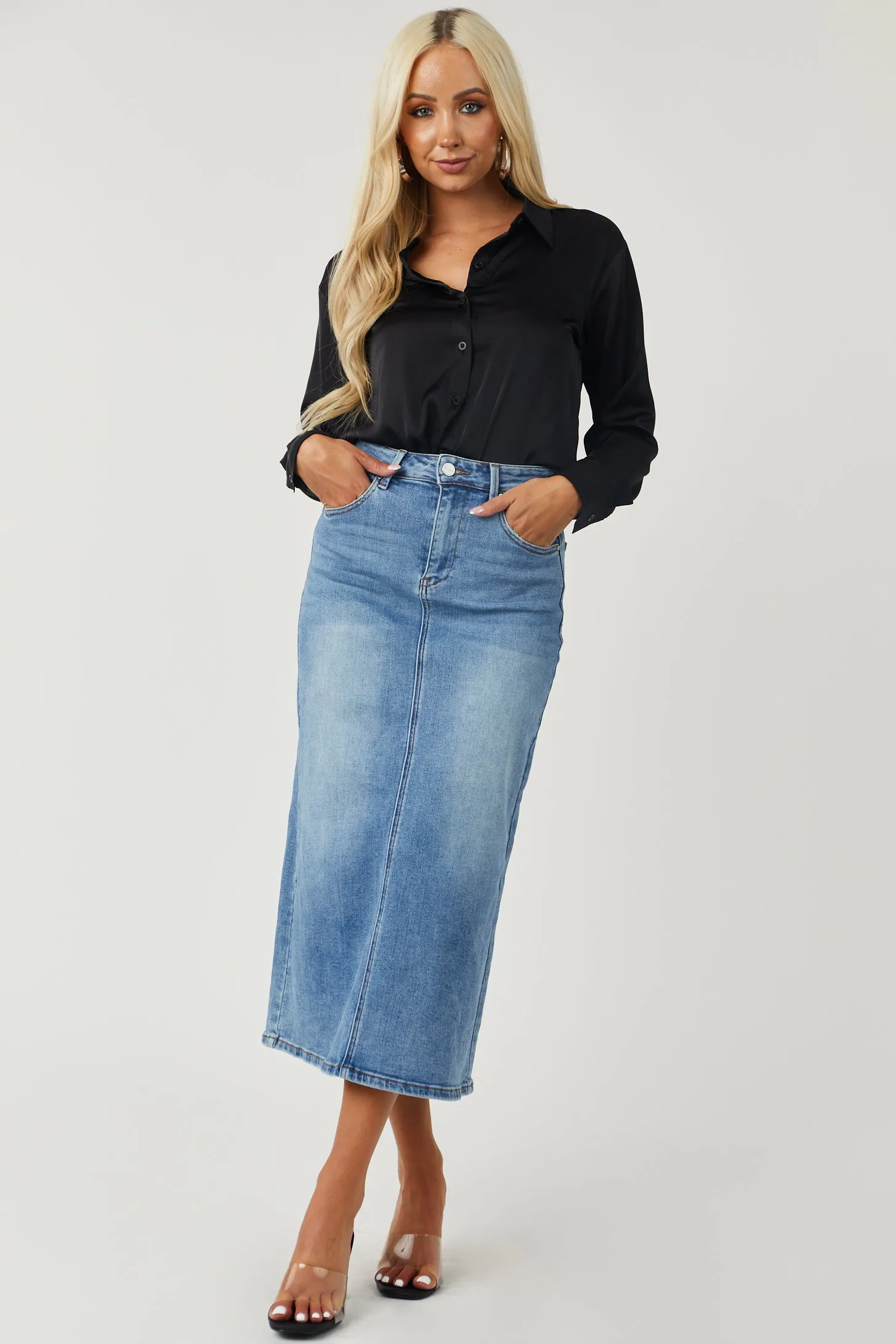 Risen Medium Wash Denim High Rise Back Slit Skirt sold by Lime Lush product image thumbnail 5