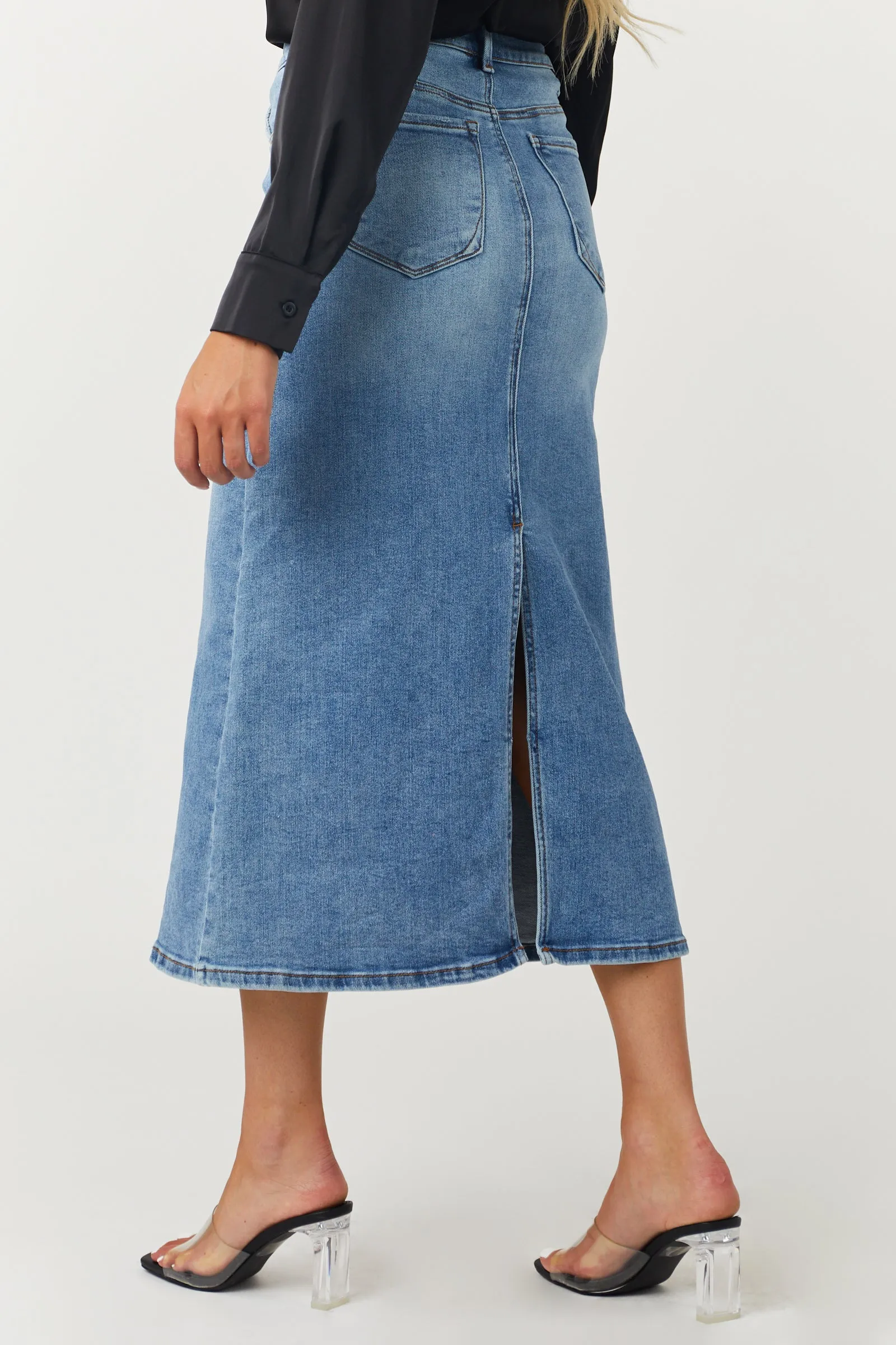 Risen Medium Wash Denim High Rise Back Slit Skirt sold by Lime Lush product image thumbnail 4