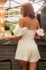 Off White Pleated Off the Shoulder Woven Romper sold by Lime Lush